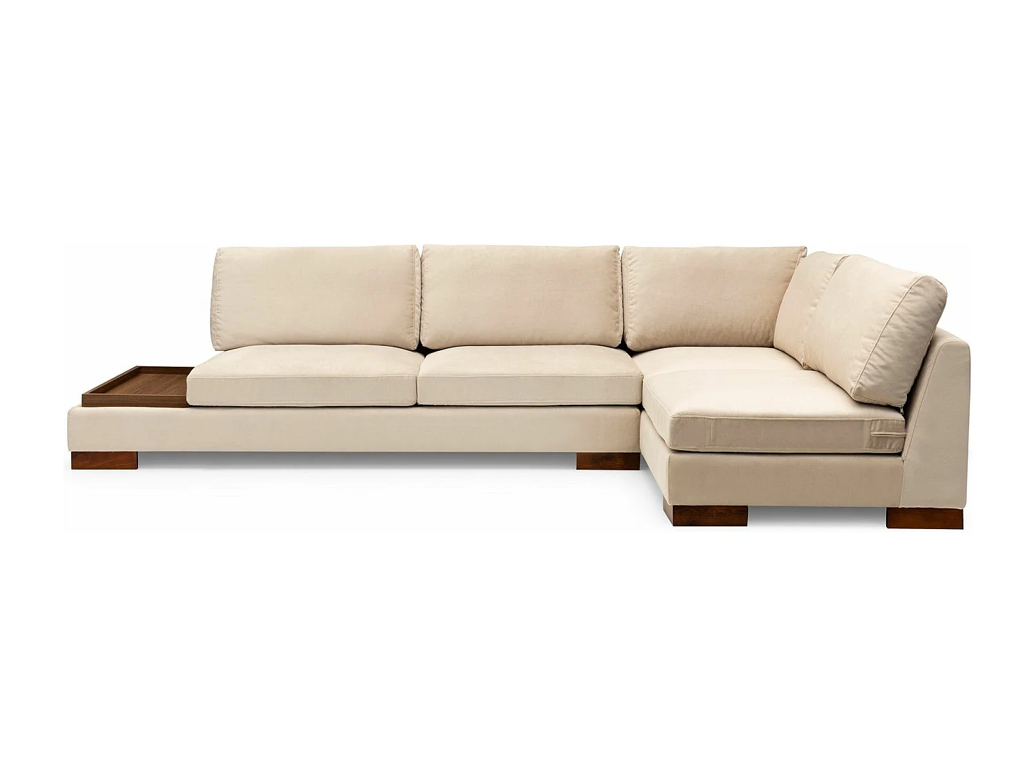 Fluwelen hoekbank met notenhouten blad Bakiza 313 cm-Kleur Licht beige-juiste hoek-Ottomaans zonder poef