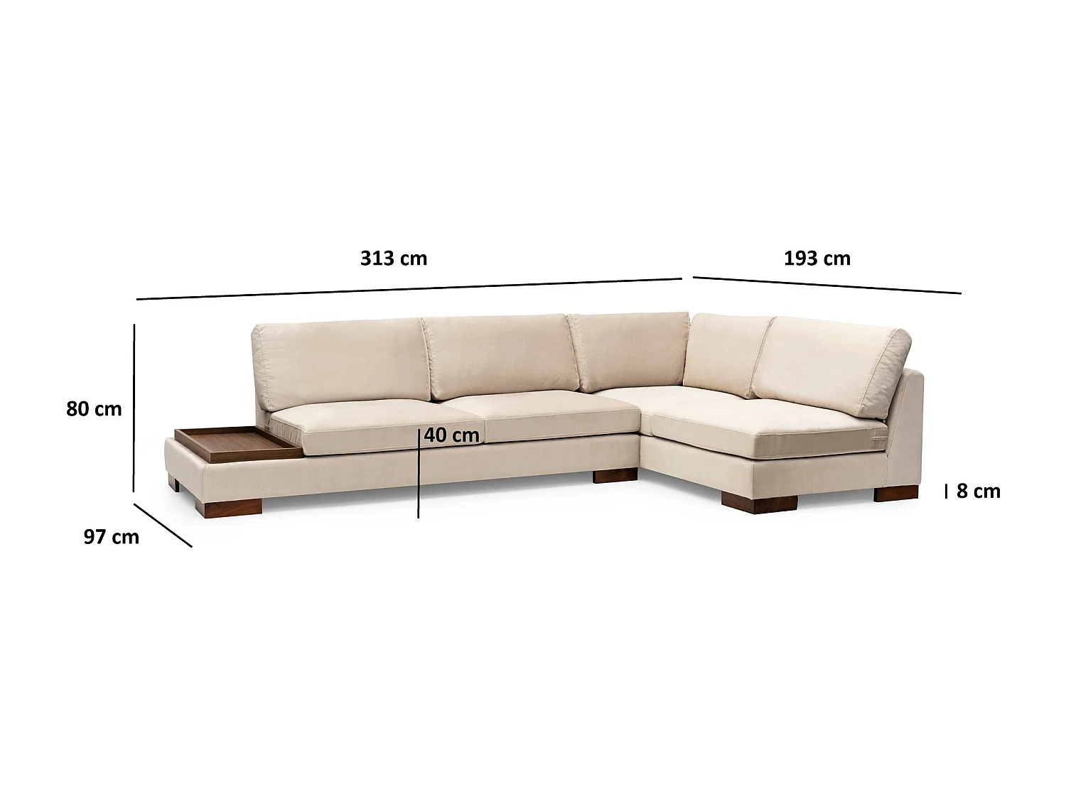 Fluwelen hoekbank met notenhouten blad Bakiza 313 cm-Kleur Licht beige-juiste hoek-Ottomaans zonder poef