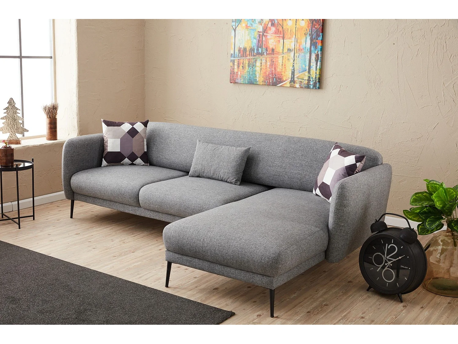 Canapé d'angle à droite Juanita Tissu Gris clair