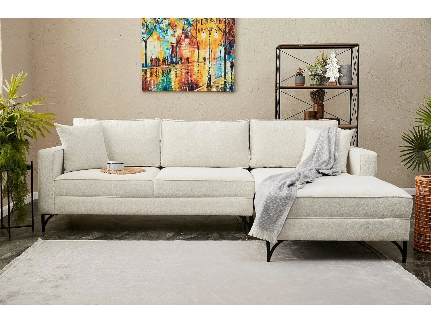 Canapé d'angle moderne Barlino angle à droite Tissu Crème pieds Noir