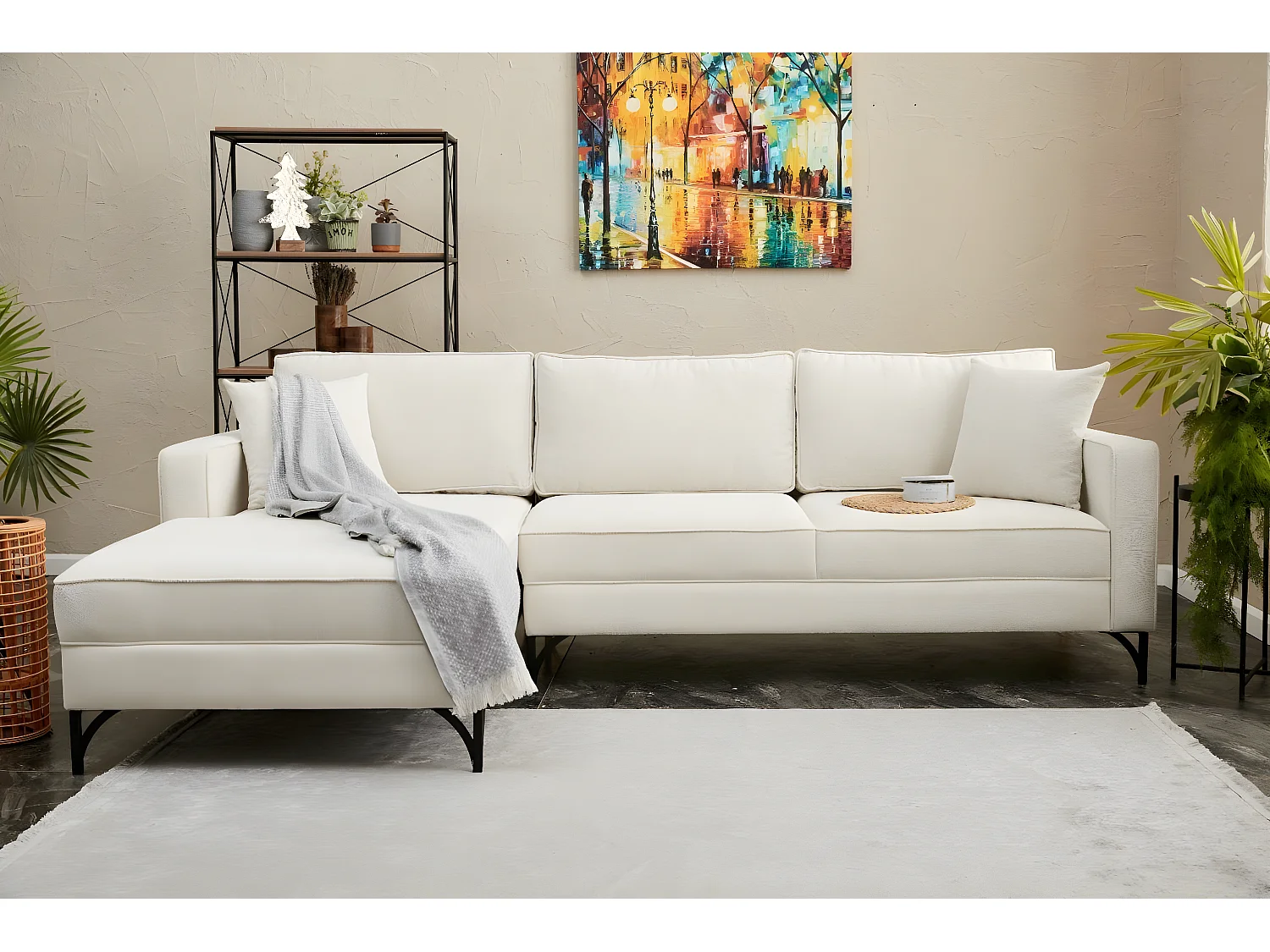 Canapé d'angle moderne Barlino angle à gauche Tissu Crème pieds Noir