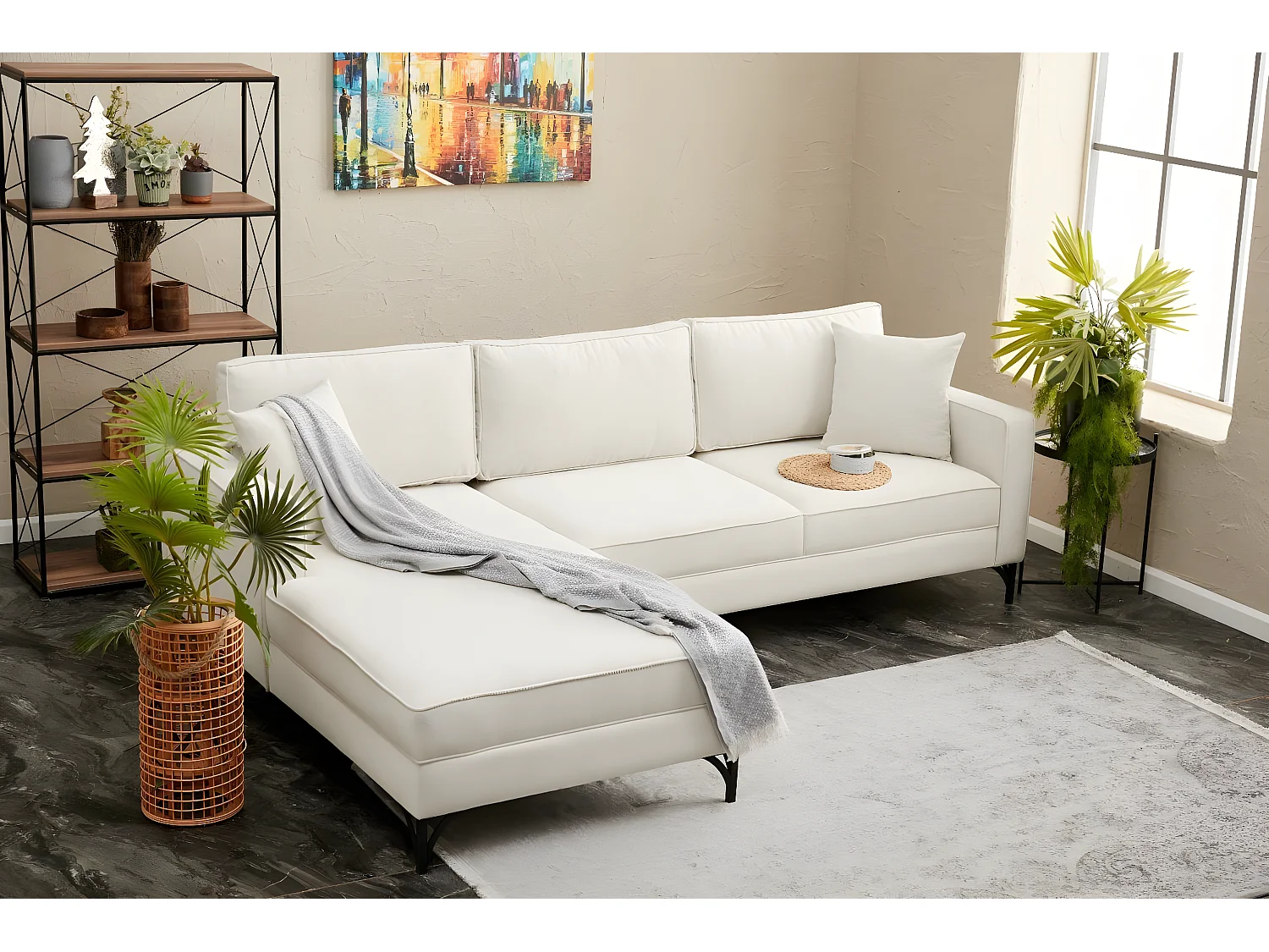 Canapé d'angle moderne Barlino angle à gauche Tissu Crème pieds Noir