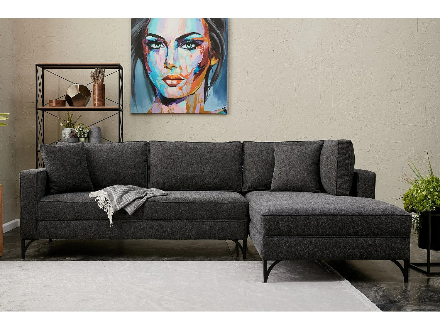 Canapé d'angle moderne Barlino angle à droite Tissu Anthracite pieds Noir