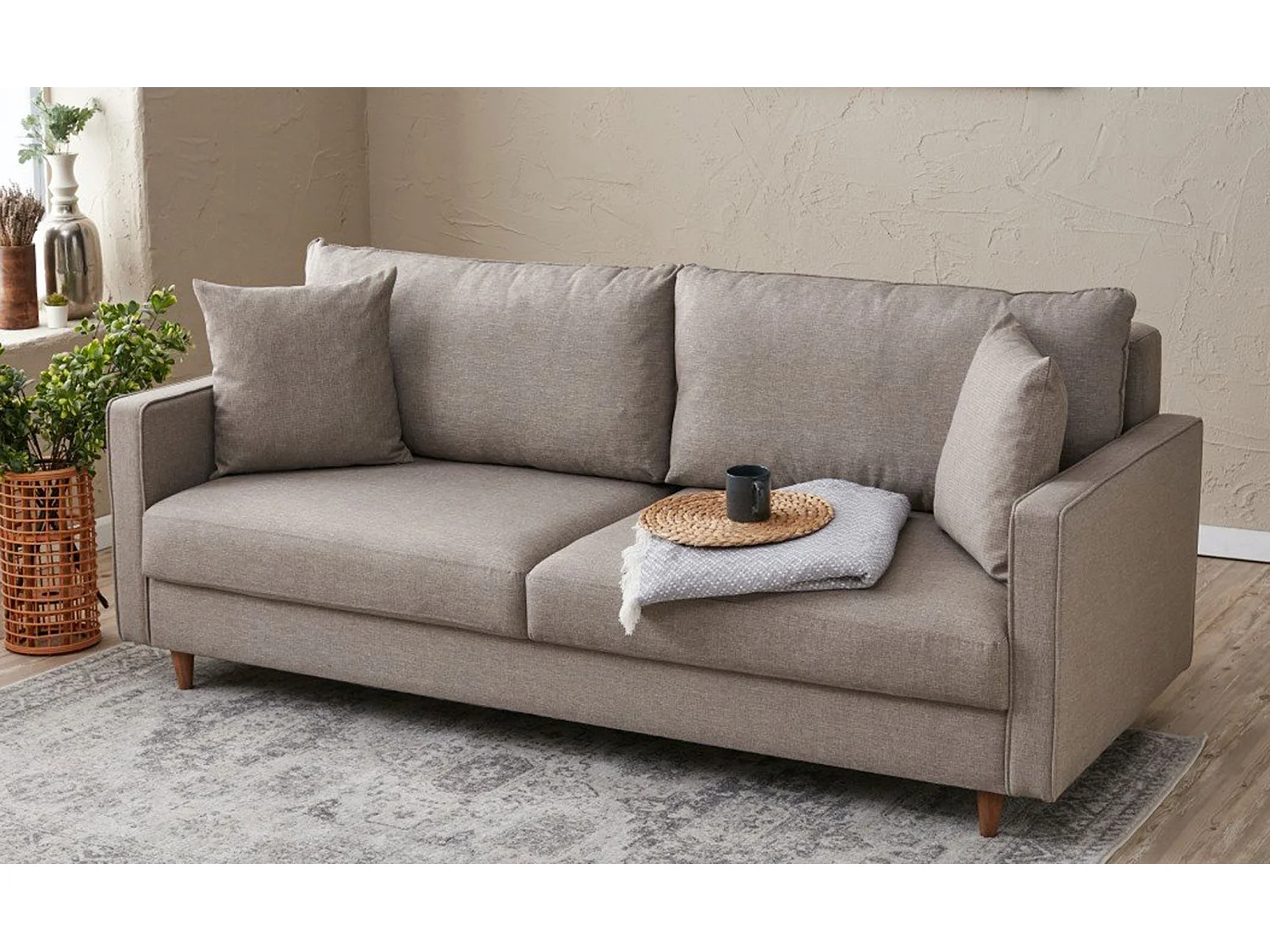 Sofá Altadena 387, De color marrón claro, 210x90x82cm, Tapiz, Patas: Madera