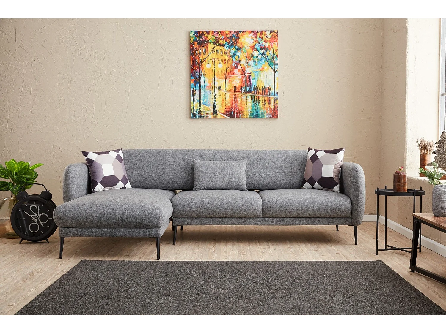 Moderne hoekbank links lichtgrijs stof Valiko 265 cm