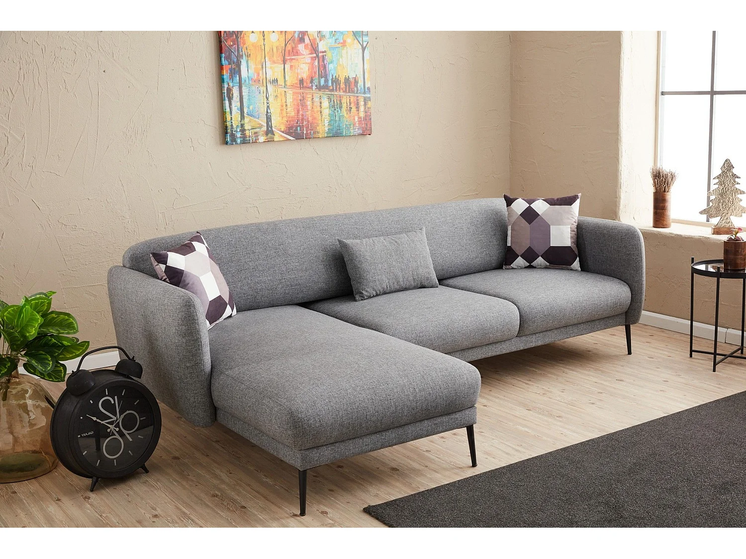 Moderne hoekbank links lichtgrijs stof Valiko 265 cm