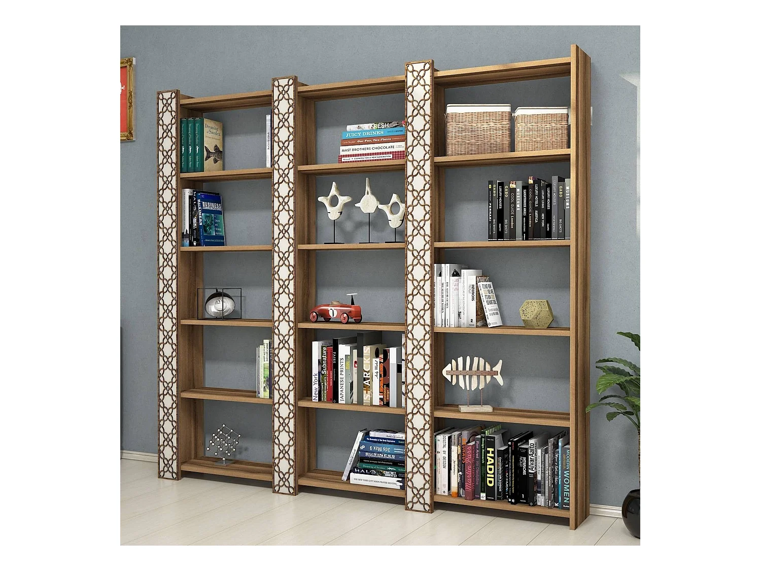 Étagère bibliothèque 3 rangées Oppidanus L184cm Bois Naturel et Blanc créme