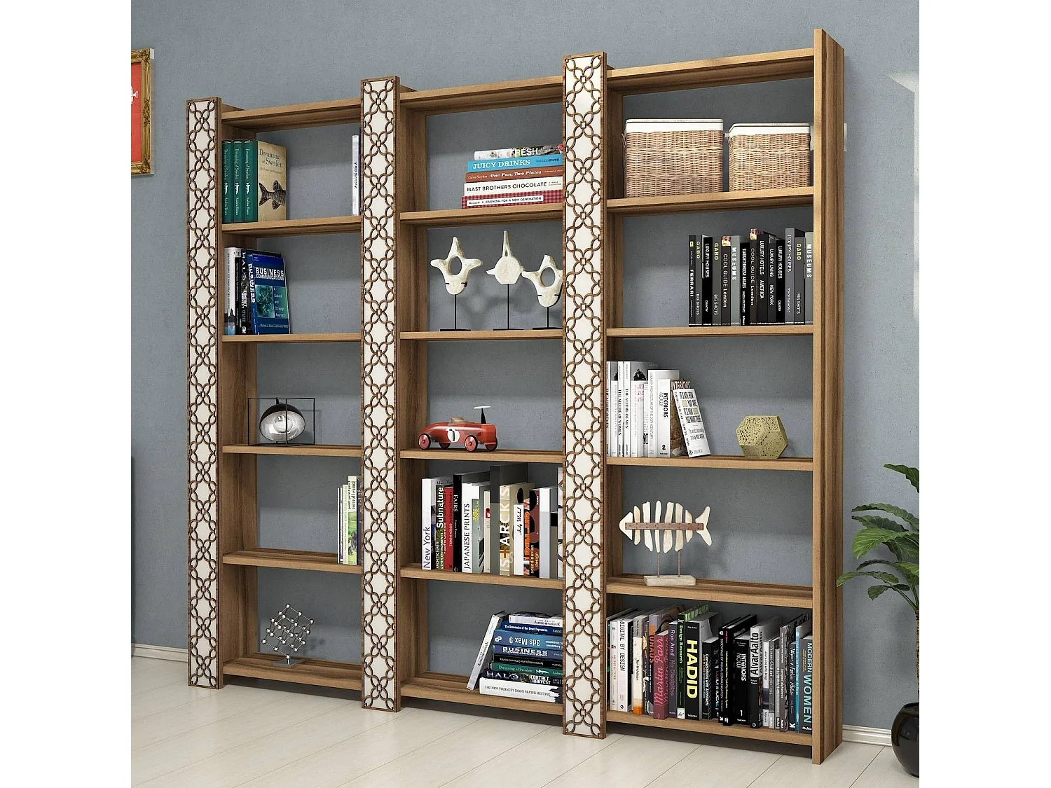 Estante moderna – 184,6 x 170 x 24,2 cm – cor nogueira e creme – 100% revestida em melamina