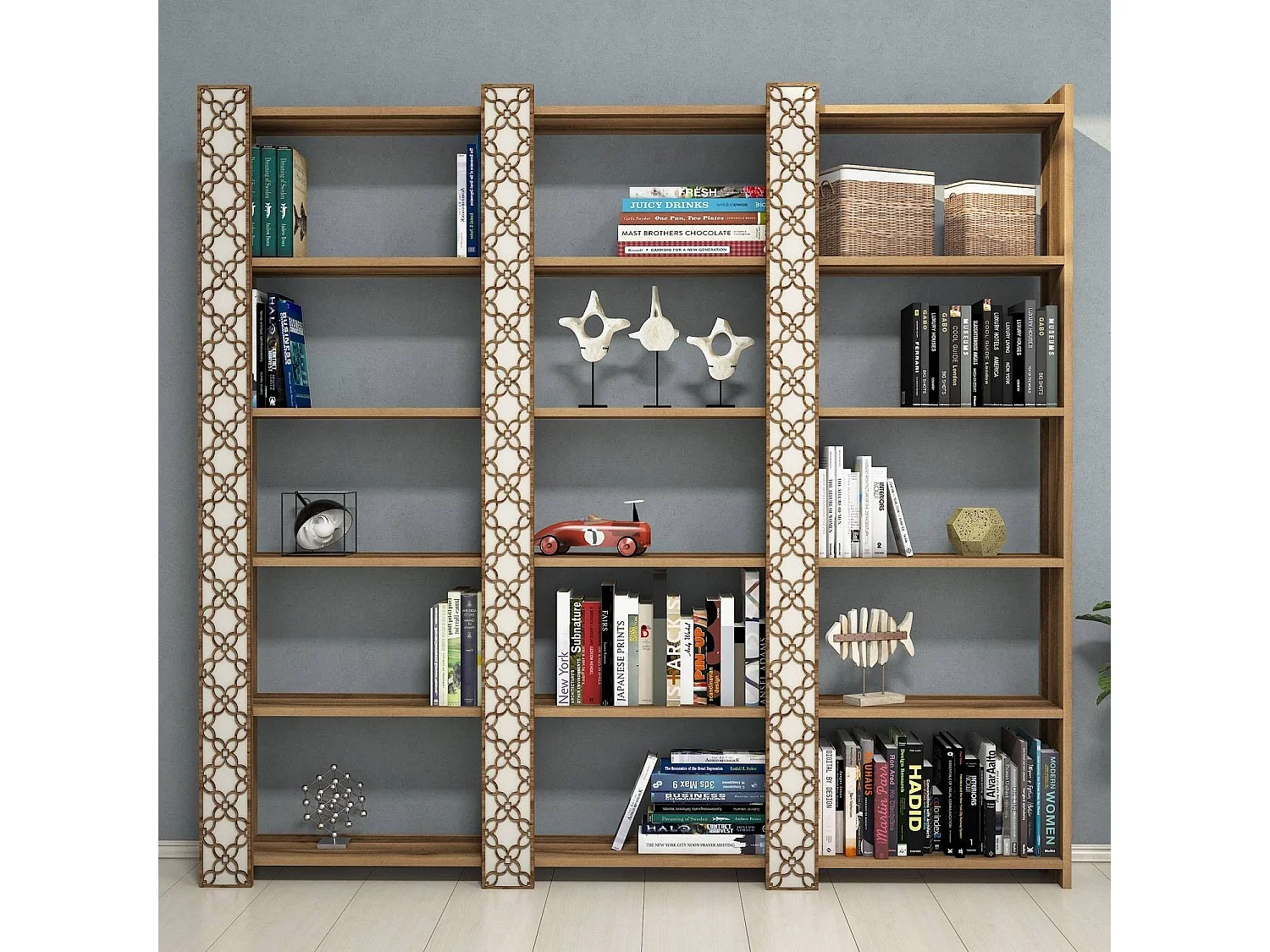 Estante moderna – 184,6 x 170 x 24,2 cm – cor nogueira e creme – 100% revestida em melamina