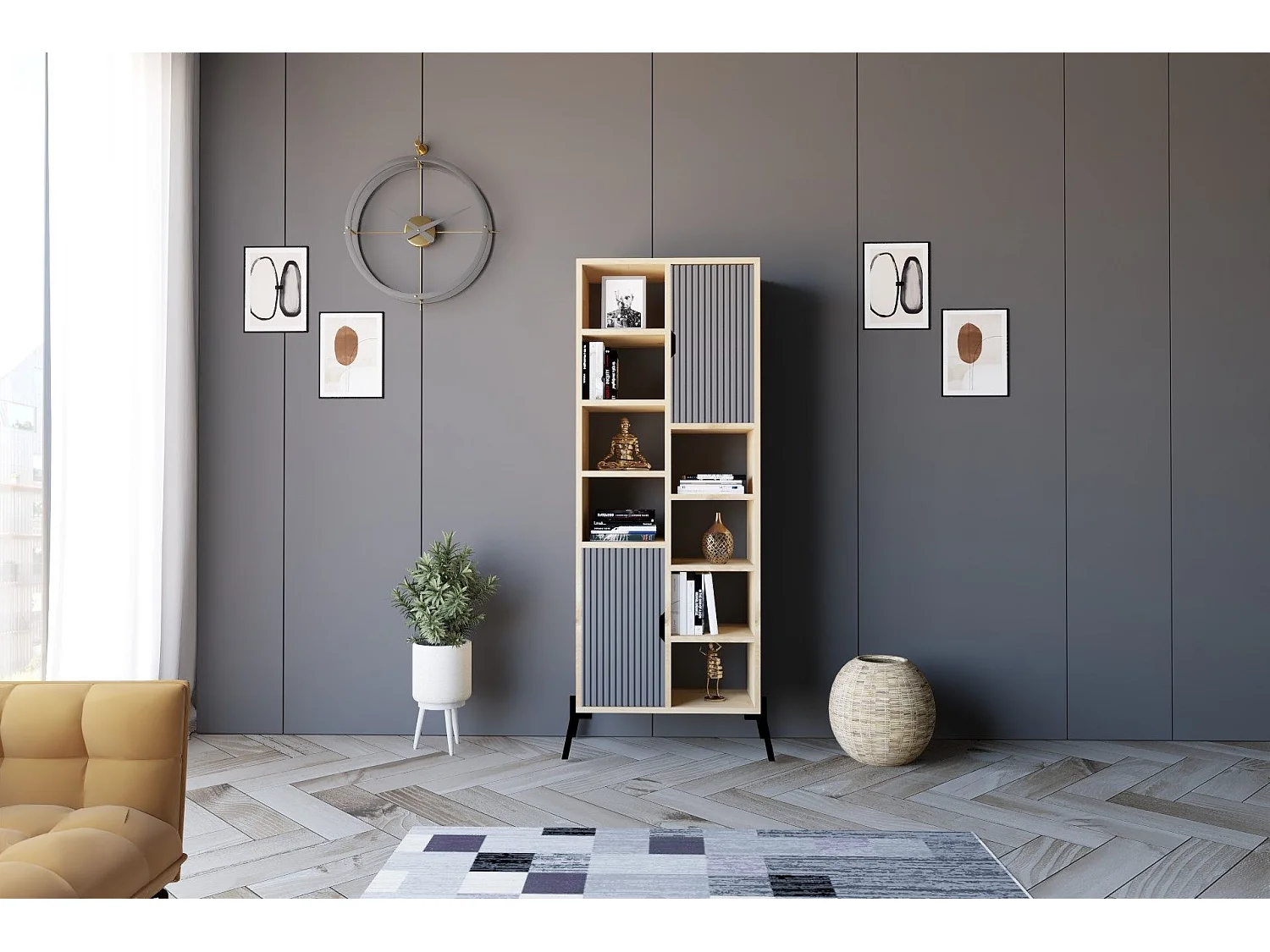 Librería – 58,6 cm x 160 cm x 30 cm – Roble Zafiro y Antracita – Melamina