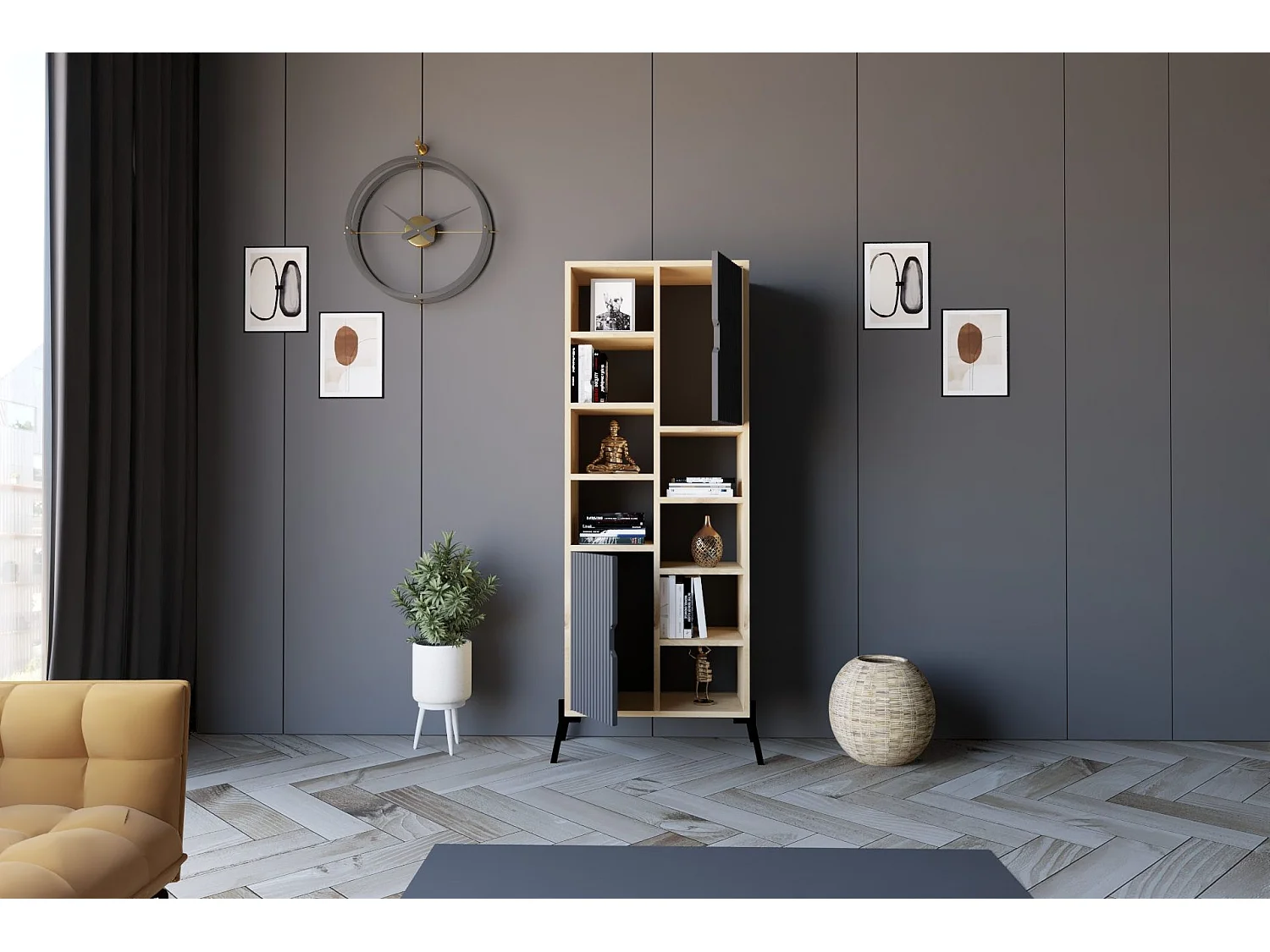 Librería – 58,6 cm x 160 cm x 30 cm – Roble Zafiro y Antracita – Melamina