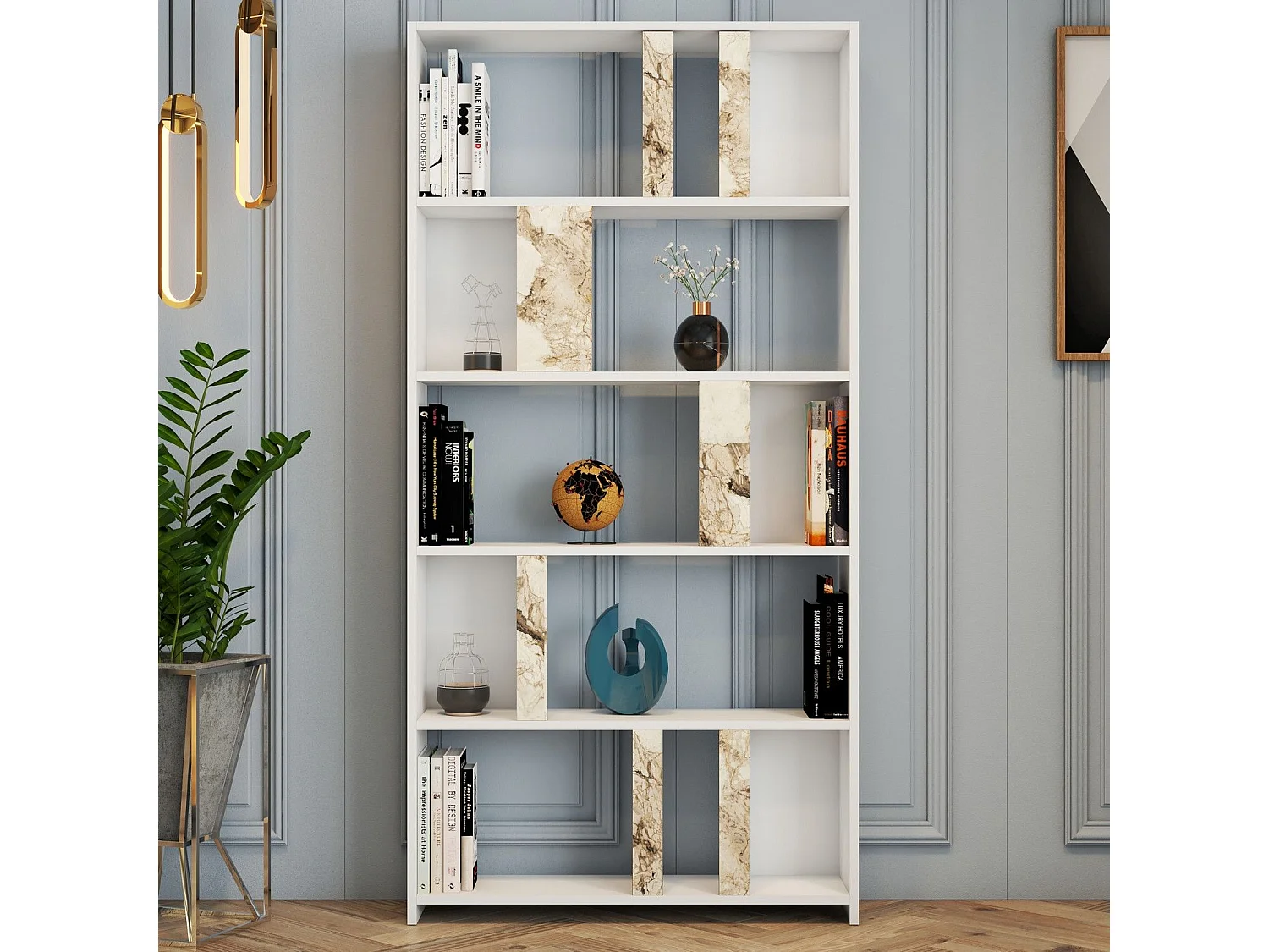 Bibliothèque Respenda 90x180cm Bois Blanc effet marbre