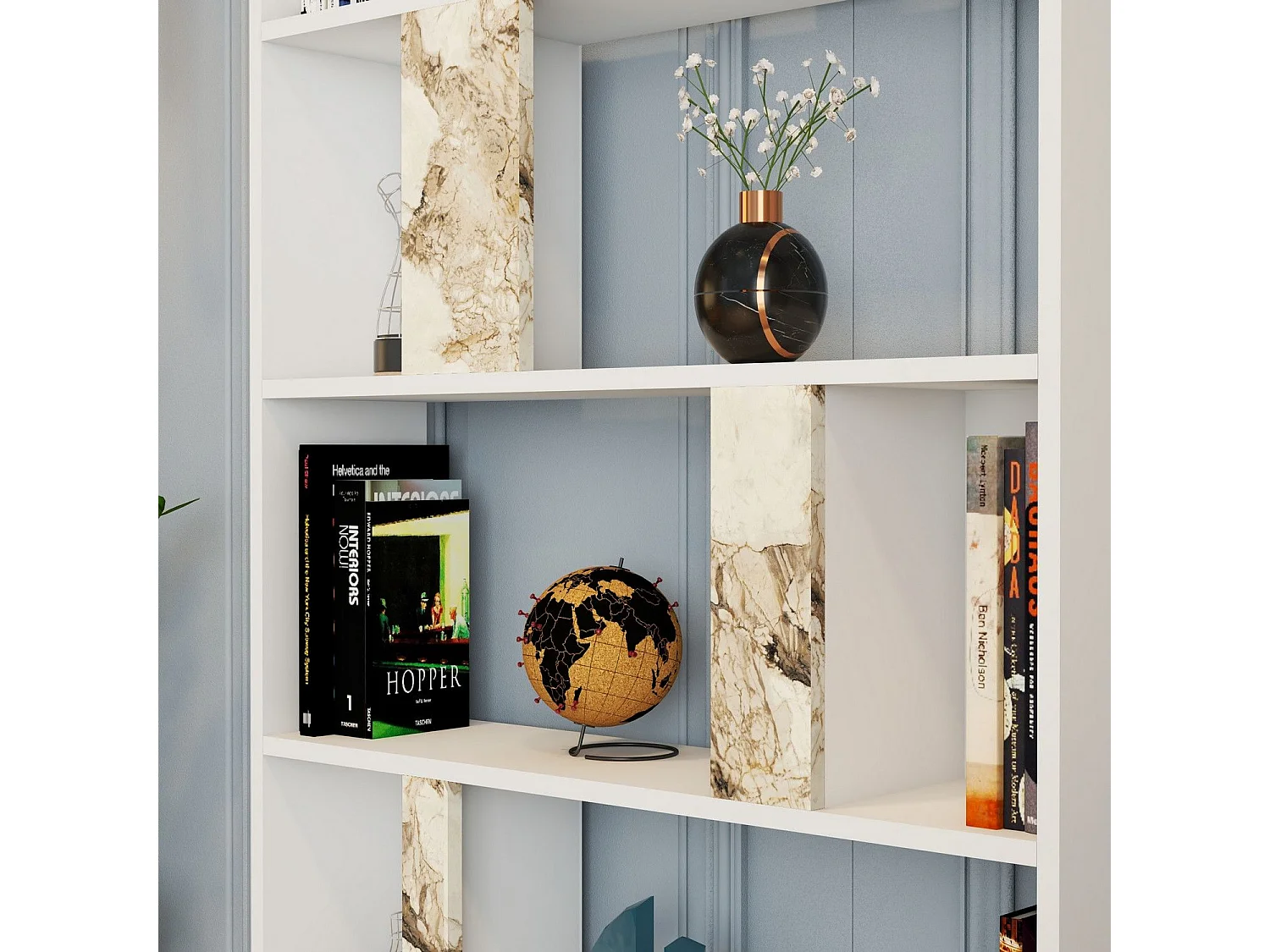 Bibliothèque Respenda 90x180cm Bois Blanc effet marbre