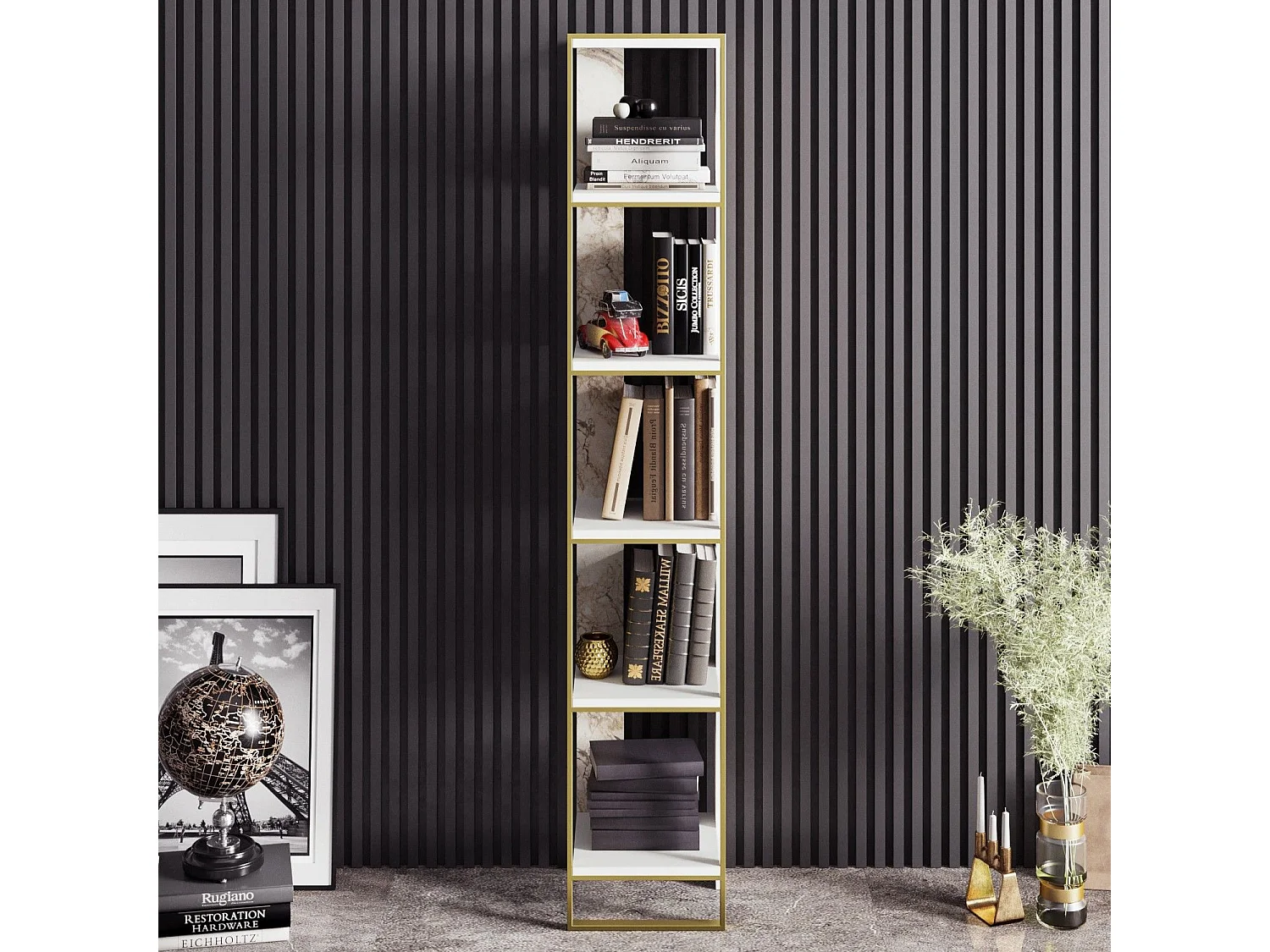 Estante Barroca Elegante, Dourado e Branco, 32,2 x 178,5 x 31,3 cm | Painel de Partículas 100% Revestido com Melamina, 18 mm de Espessura |