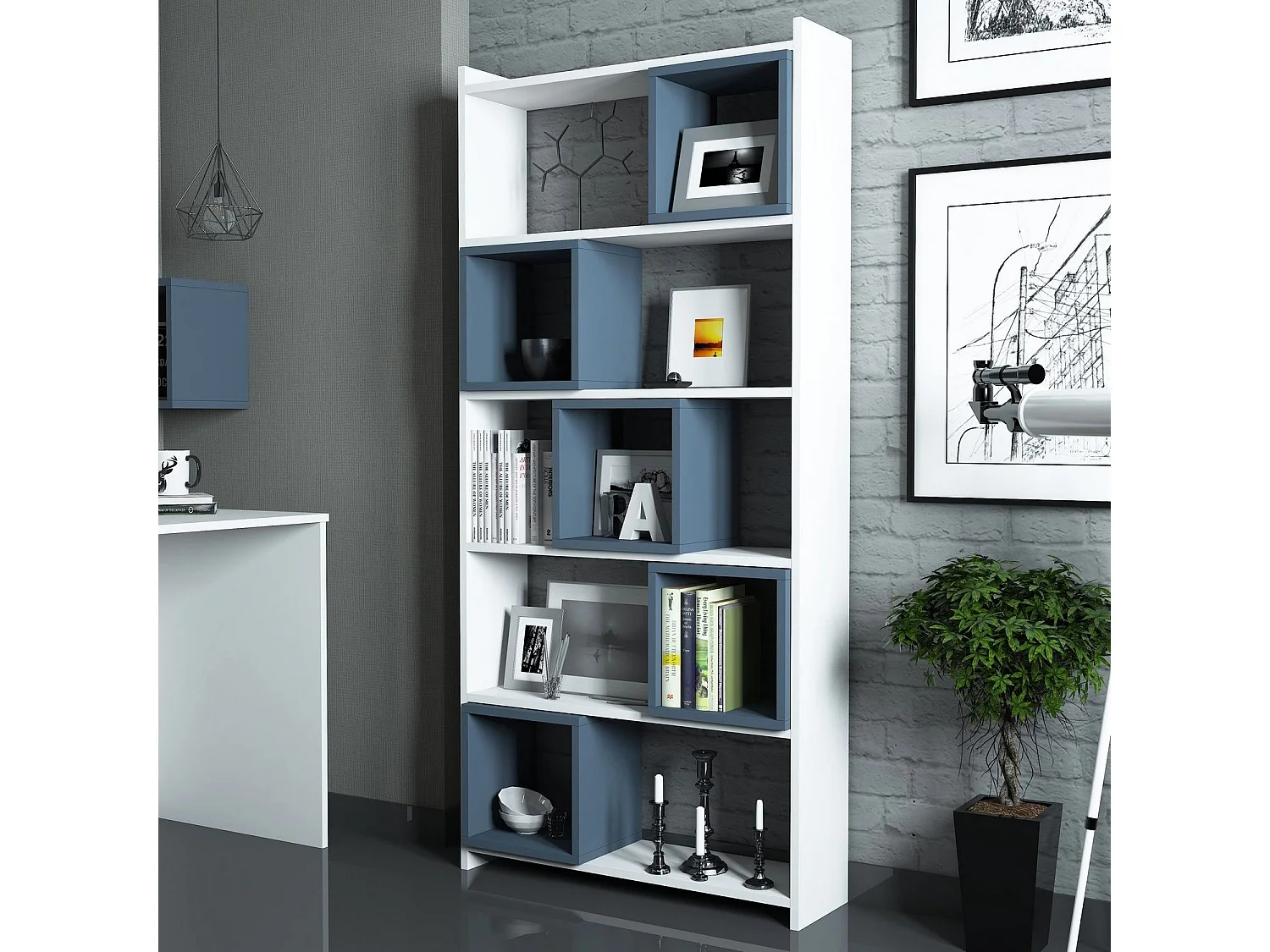 Nowoczesny regał na książki – 80 x 170 x 22 cm – Biały i niebieski – Melamina