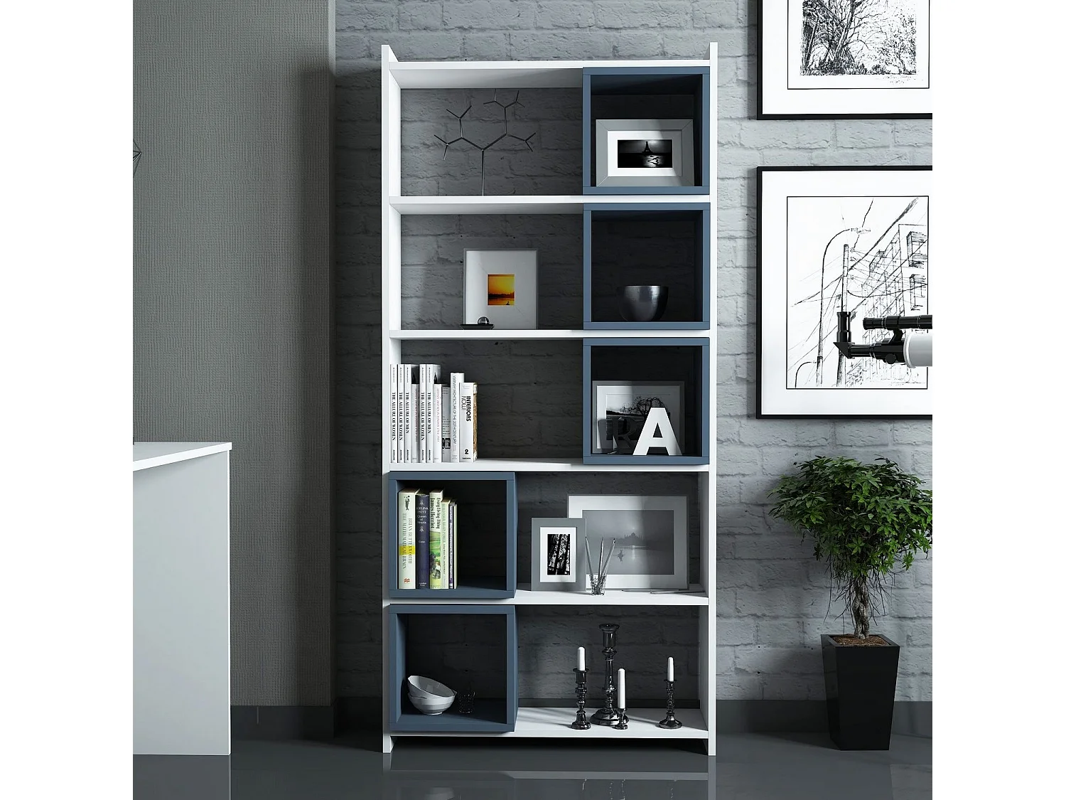 Nowoczesny regał na książki – 80 x 170 x 22 cm – Biały i niebieski – Melamina