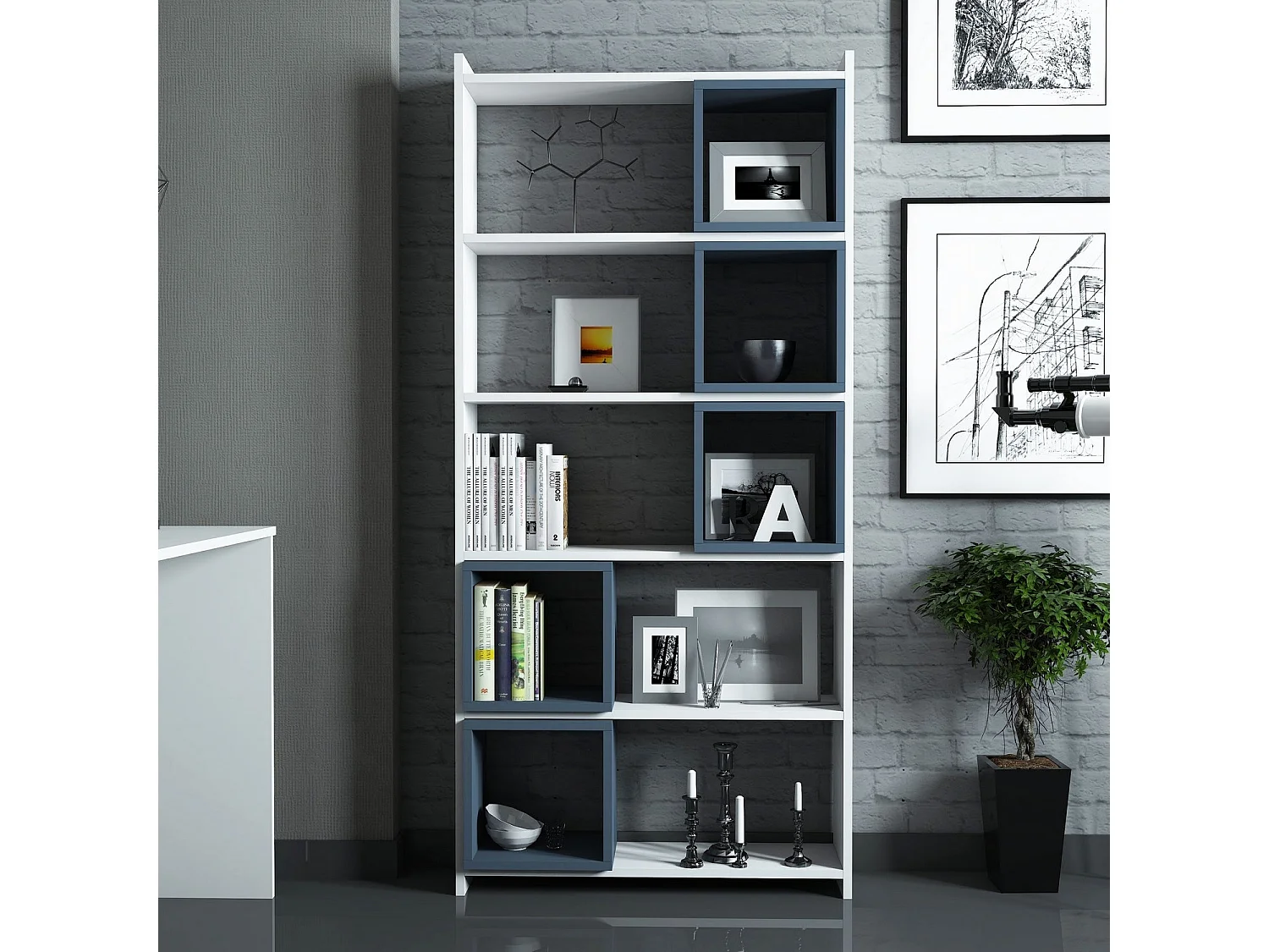 Nowoczesny regał na książki – 80 x 170 x 22 cm – Biały i niebieski – Melamina