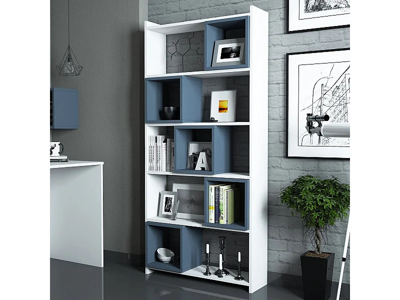 Nowoczesny regał na książki – 80 x 170 x 22 cm – Biały i niebieski – Melamina