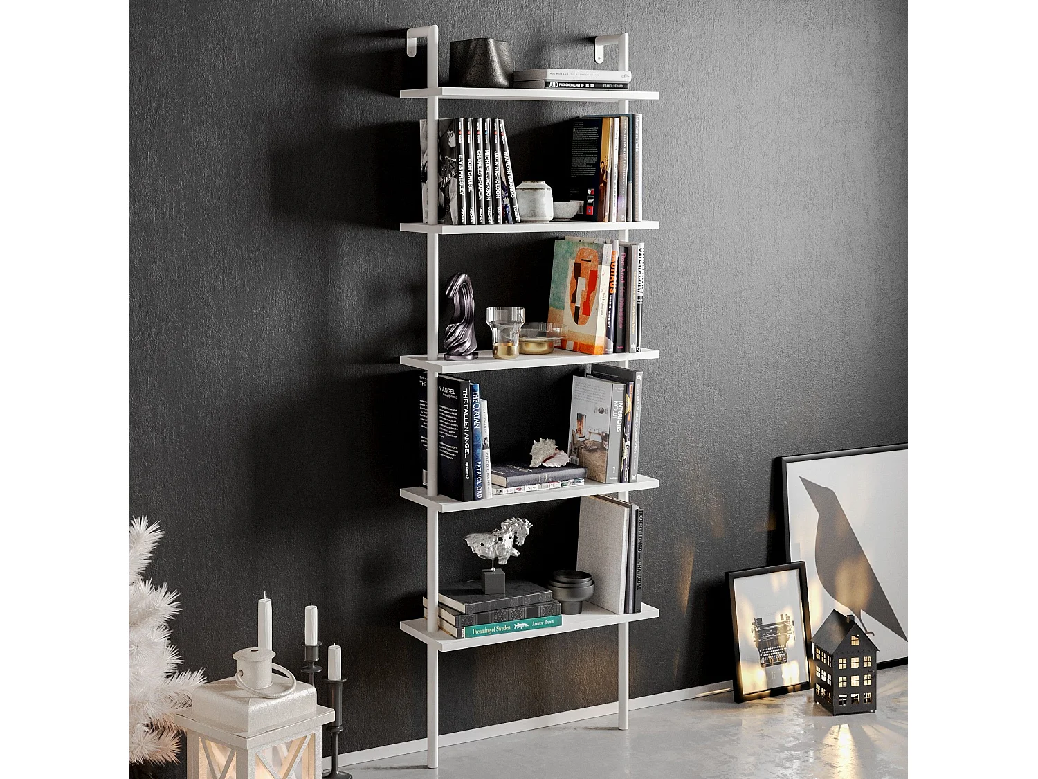 Estante estilo escandinavo, branca, 60 x 174 x 22 cm | Painel de partículas 100% revestido em melamina, 18 mm de espessura, pés de metal | M