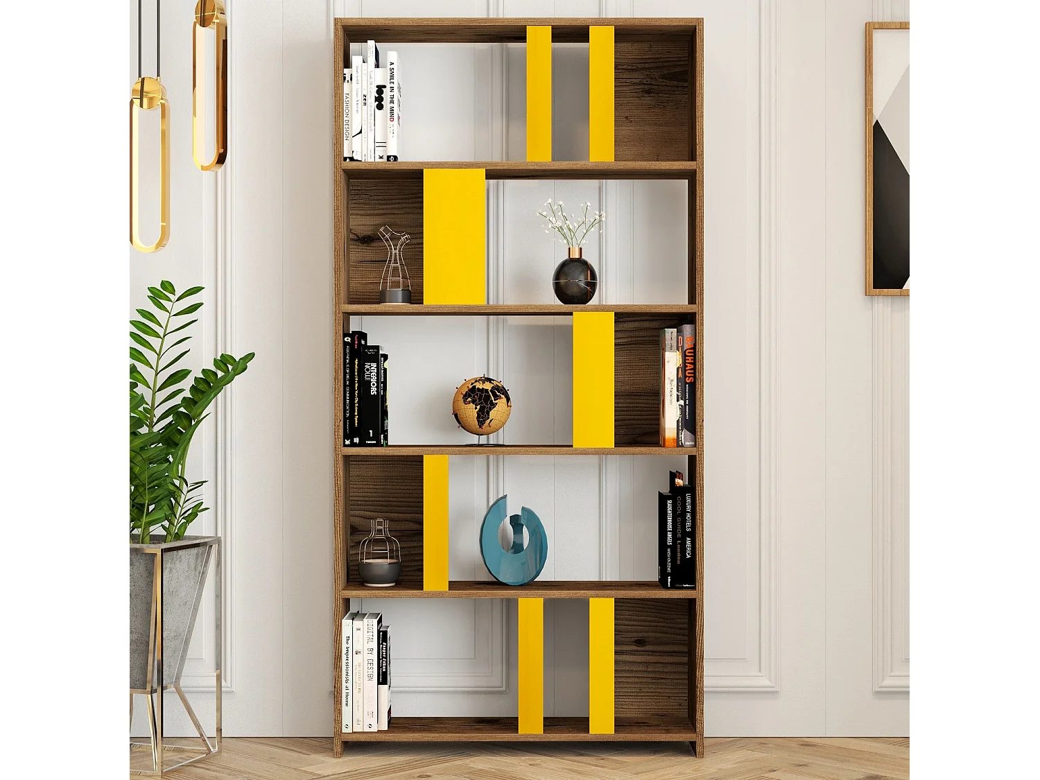 Estantería Bohemia – 90 x 180 x 20 cm – Nogal y Amarillo – Tablero de partículas recubierto de melamina