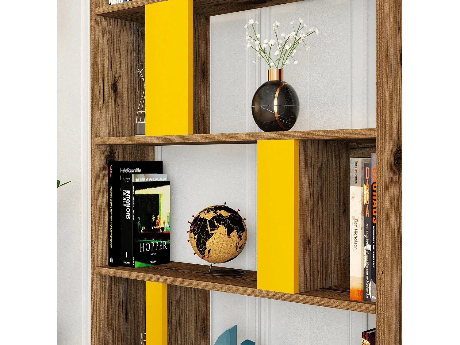 Estantería Bohemia – 90 x 180 x 20 cm – Nogal y Amarillo – Tablero de partículas recubierto de melamina