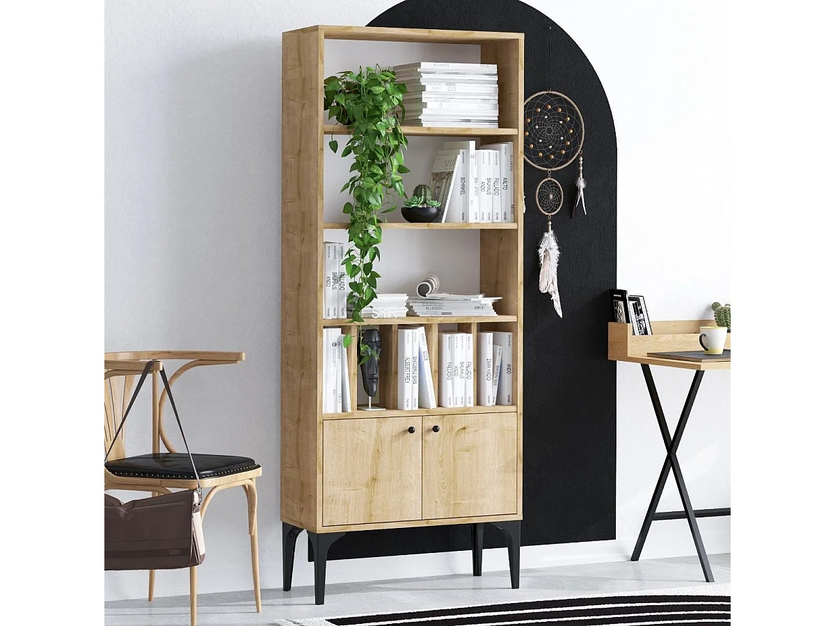 Etagère bibliothèque 8 tablettes 2 portes décor chêne saphir H175 cm - Pollux