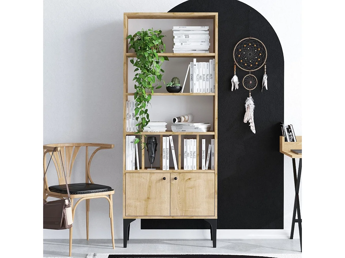 Etagère bibliothèque 8 tablettes 2 portes décor chêne saphir H175 cm - Pollux