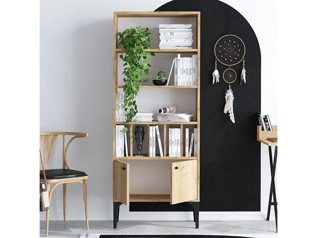 Etagère bibliothèque 8 tablettes 2 portes décor chêne saphir H175 cm - Pollux