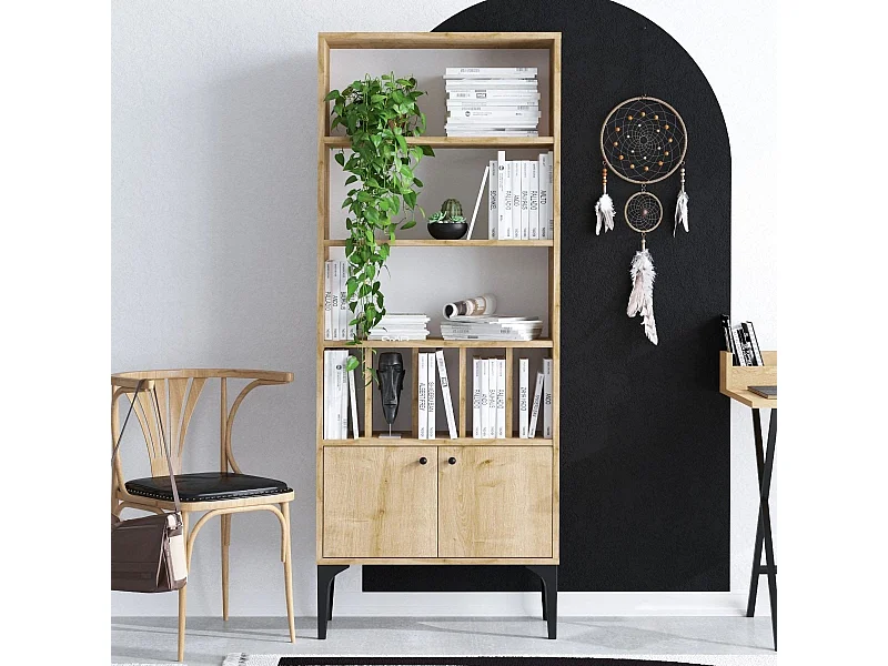 Etagère bibliothèque 8 tablettes 2 portes décor chêne saphir H175 cm - Pollux