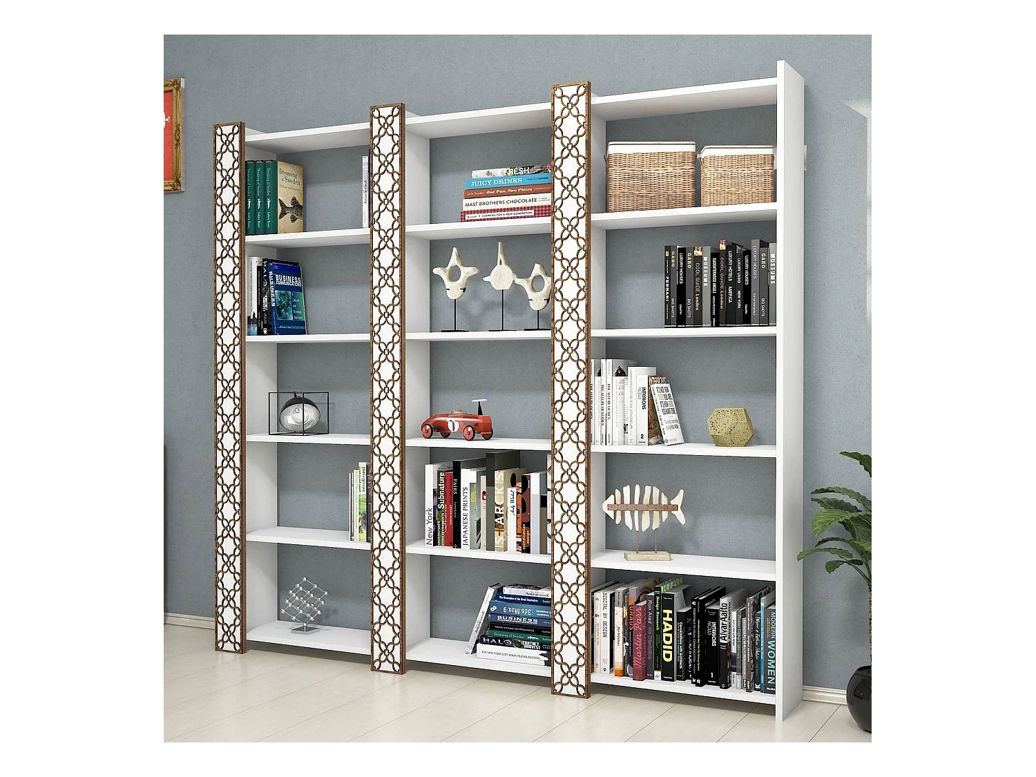 Étagère bibliothèque 3 rangées Oppidanus L184cm Bois et Blanc