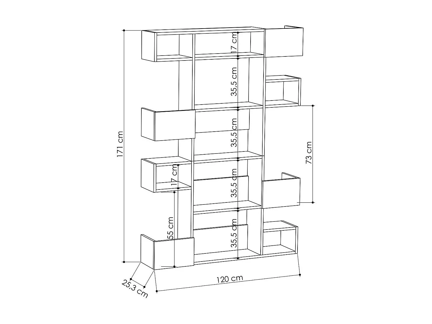 Estante Escandinava Moderna – 120 x 171 x 27 cm – Branco e Carvalho – 100% MDF Revestido de Melamina