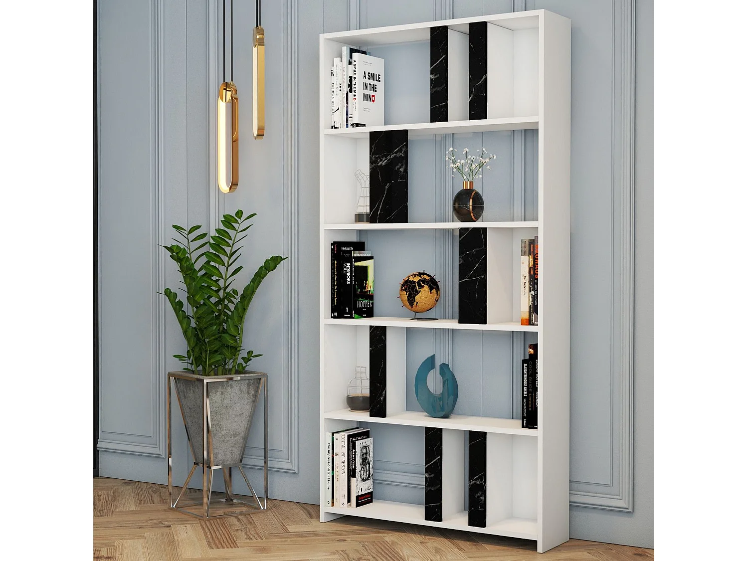 Librería moderna – 90 x 180 x 20 cm – Blanco y negro – Tablero de partículas revestido de melamina