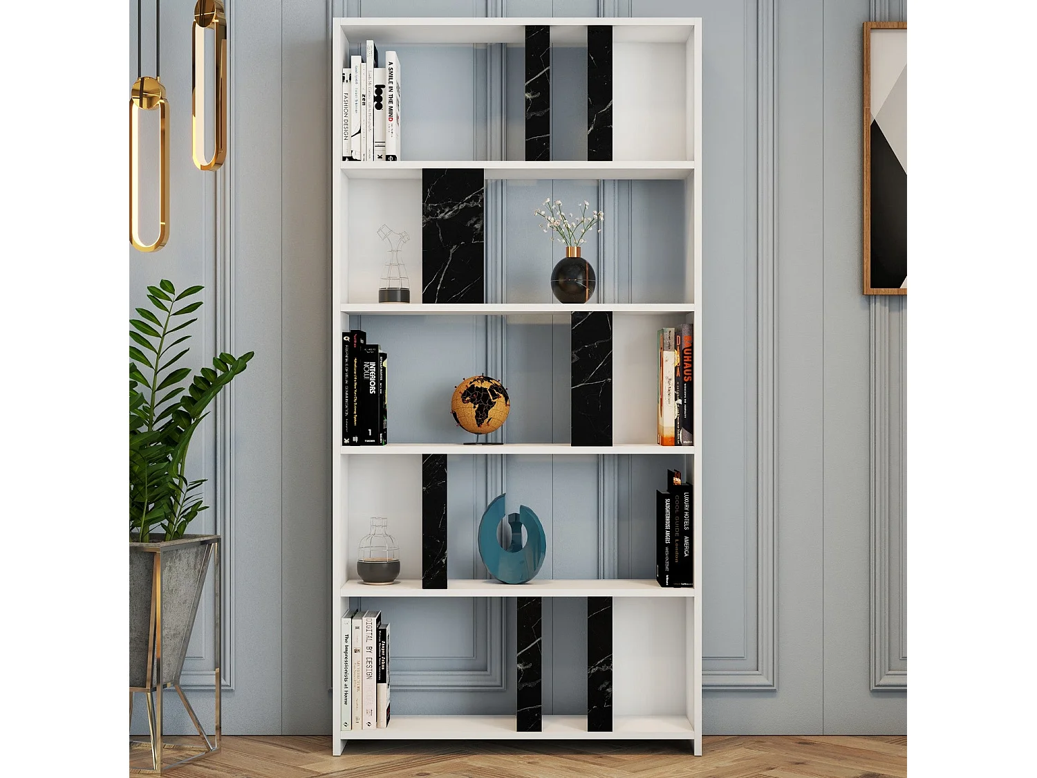 Librería moderna – 90 x 180 x 20 cm – Blanco y negro – Tablero de partículas revestido de melamina