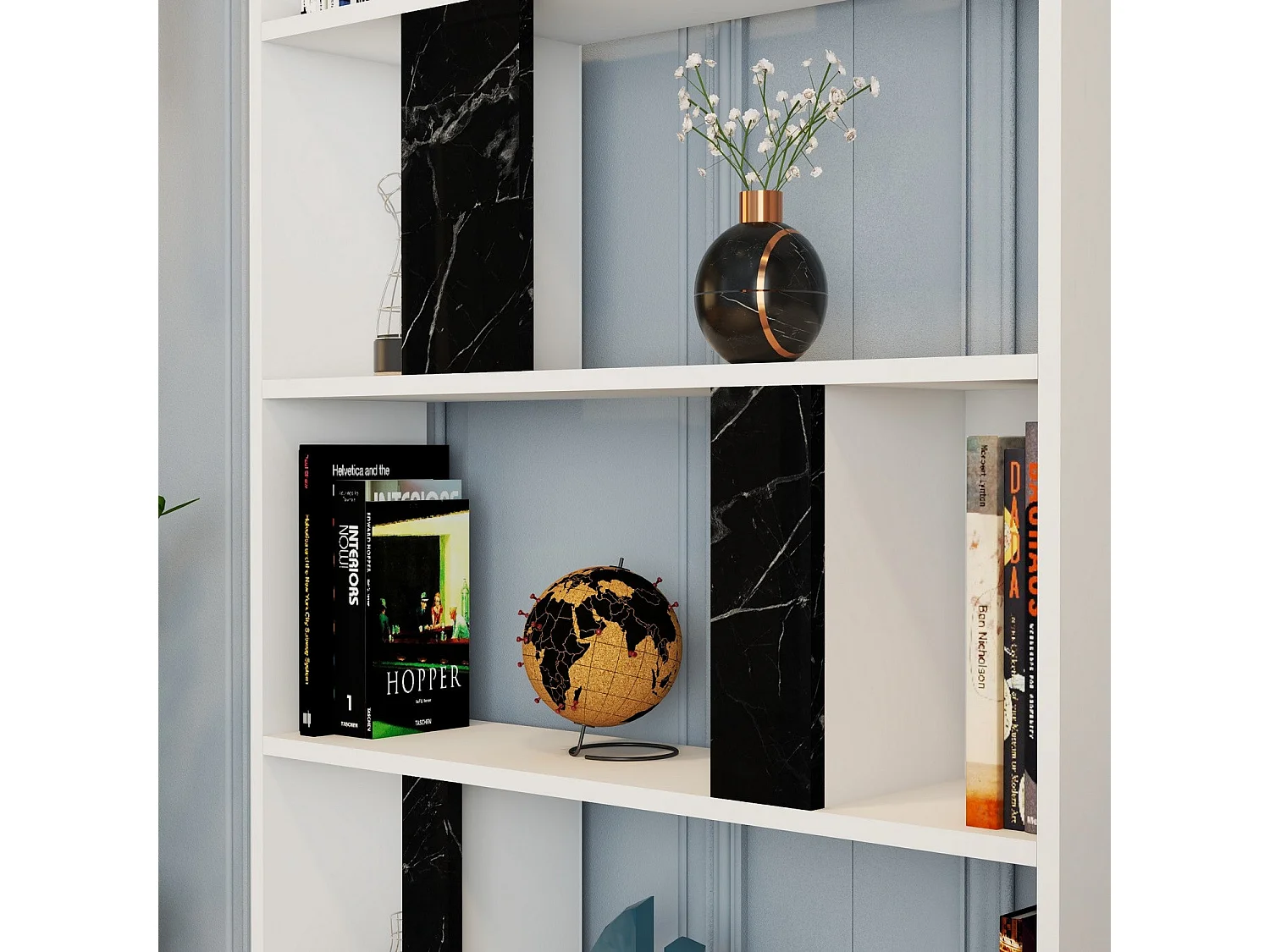 Estante moderna – 90 x 180 x 20 cm – Branco e preto – Painel de partículas revestido a melamina