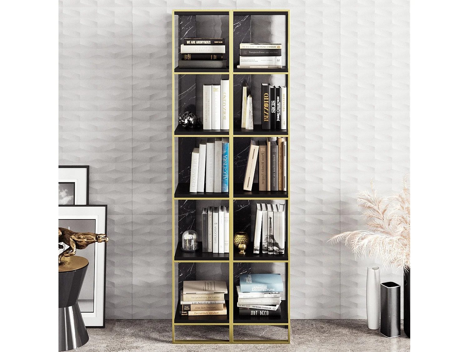 Ensembe de 2 bibliothèques Luxoria H178,5cm Bois Noir effet marbre et Métal Or
