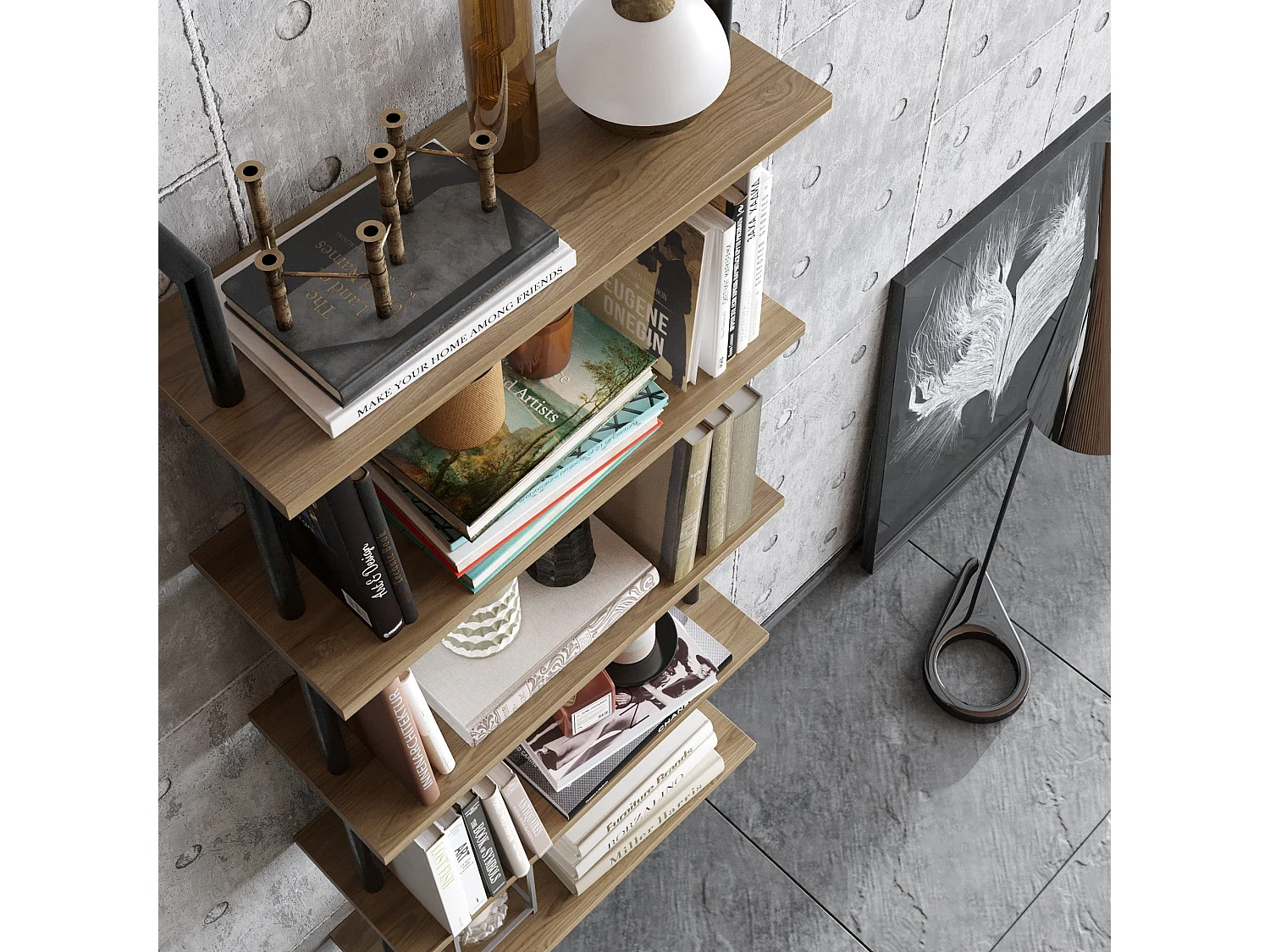 Estante industrial com pés de metal, nogueira e preta, 60 x 22 x 174 cm | 100% revestida em melamina, 18 mm de espessura, montável na parede