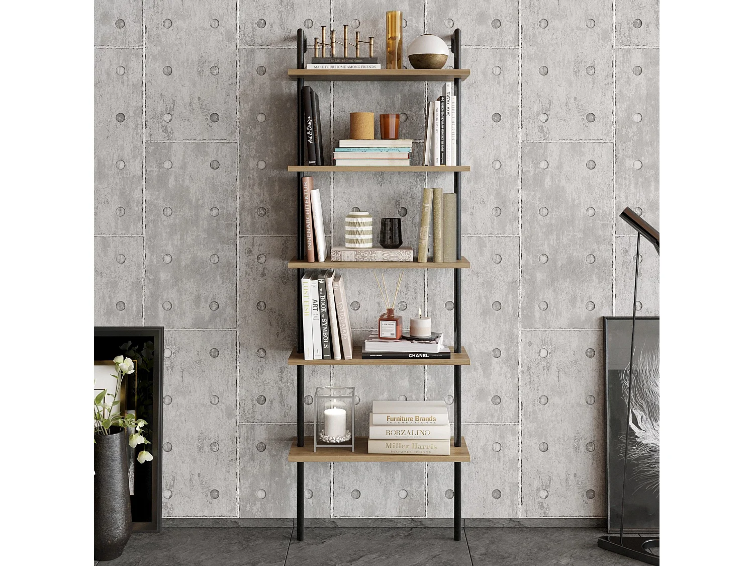 Étagère murale Scalae 5 tablettes Bois Naturel et Métal Noir