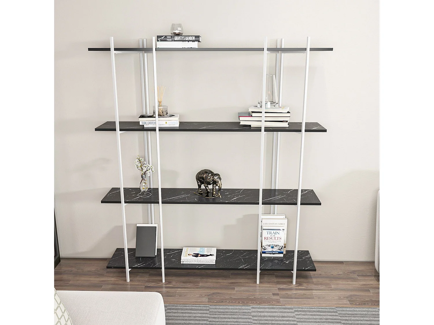 Étagère bibliothèque Teruel L160xH180cm Métal Blanc et Bois Effet marbre Noir