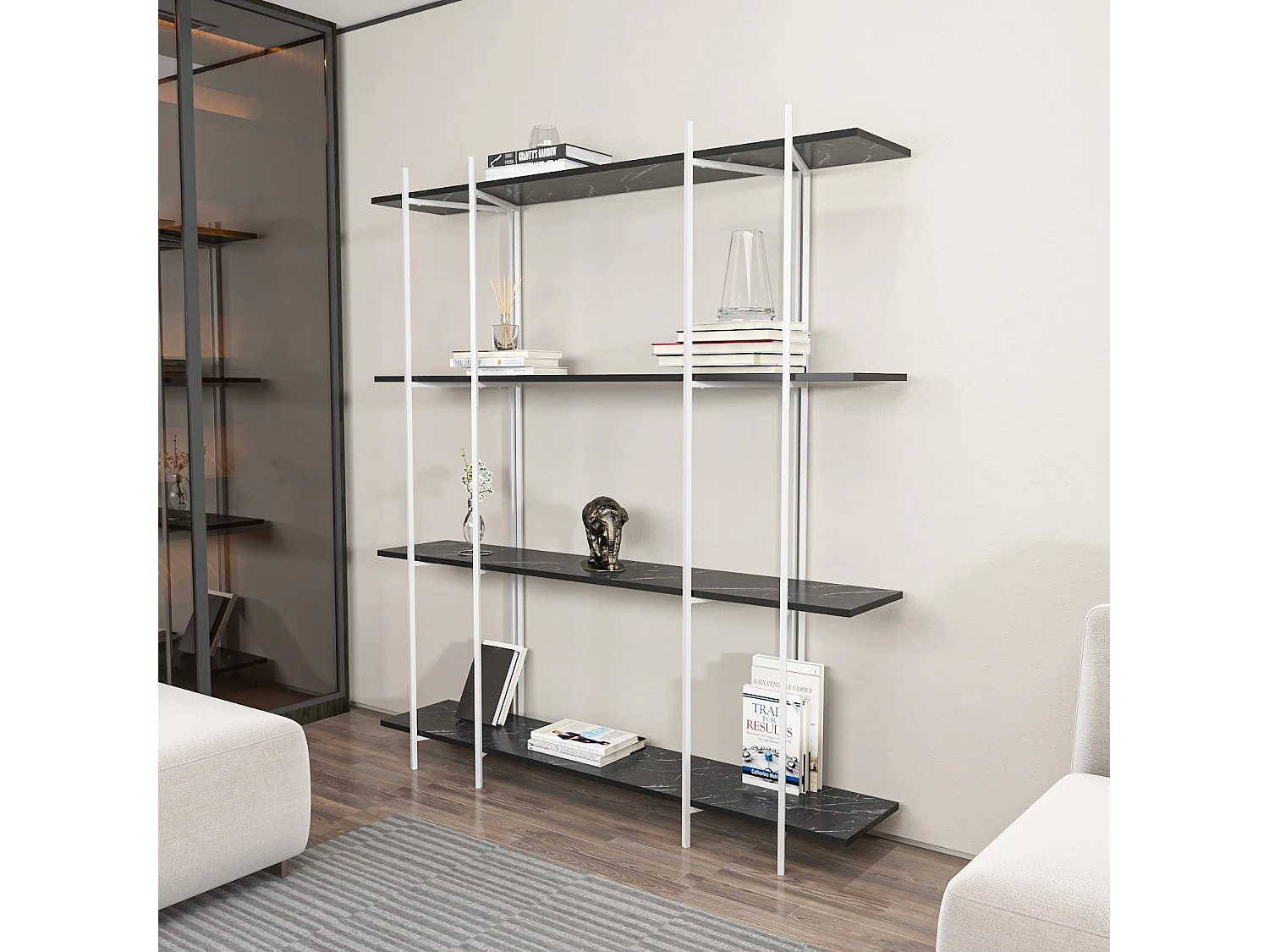 Étagère bibliothèque Teruel L160xH180cm Métal Blanc et Bois Effet marbre Noir