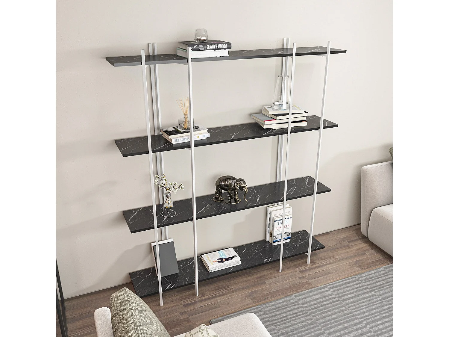 Étagère bibliothèque Teruel L160xH180cm Métal Blanc et Bois Effet marbre Noir