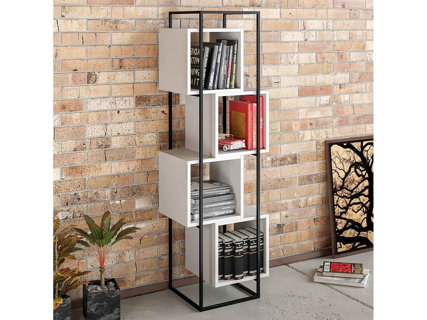 Estante moderna com estrutura de metal, preta e branca, 52 x 160 x 38 cm | Painel de partículas 100% revestido de melamina, 18 mm de espessu