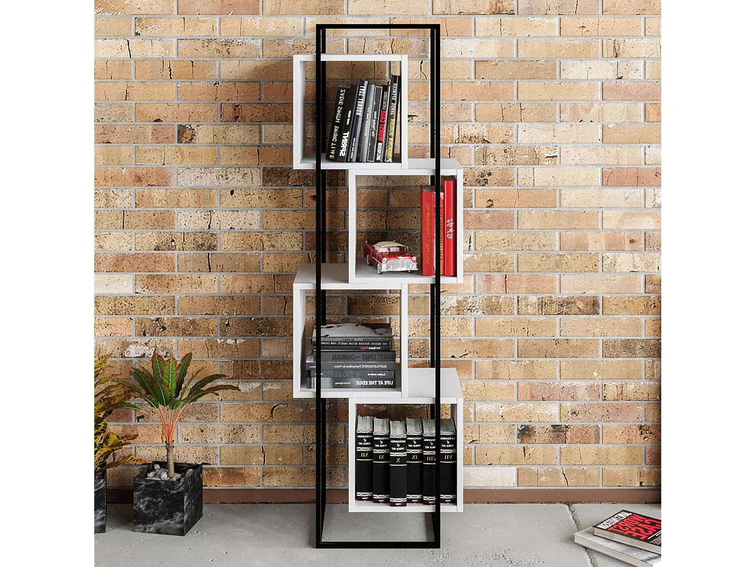 Estante moderna com estrutura de metal, preta e branca, 52 x 160 x 38 cm | Painel de partículas 100% revestido de melamina, 18 mm de espessu