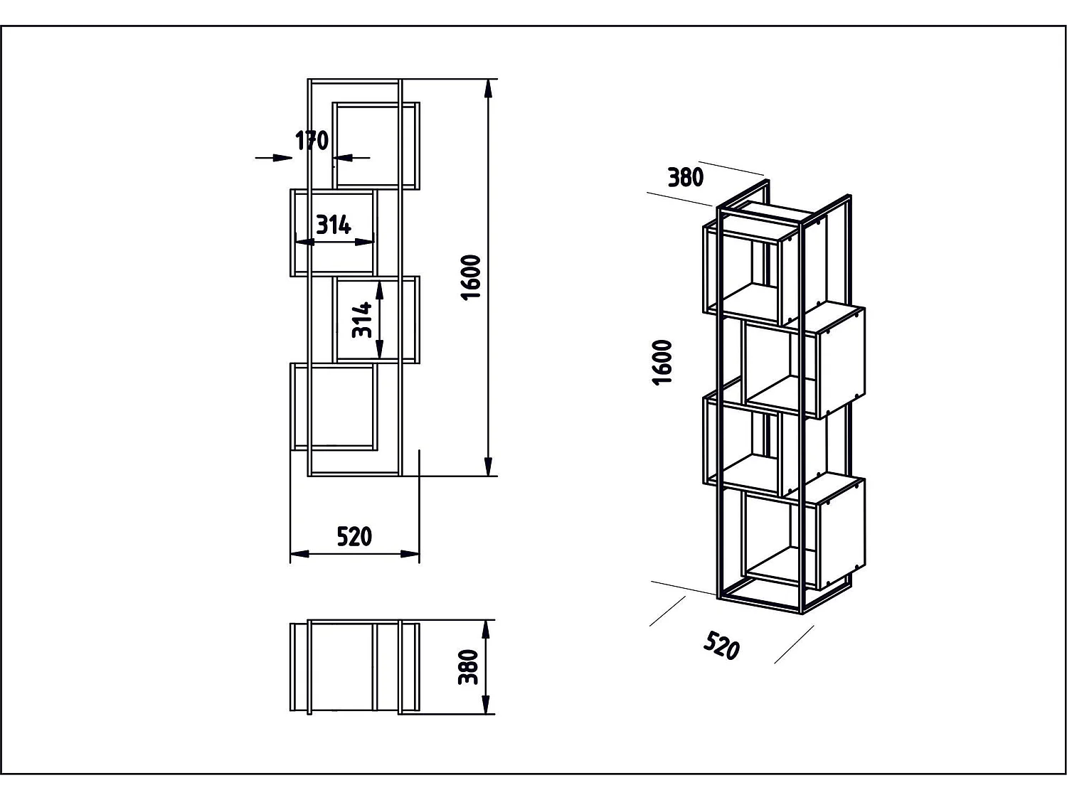 Estante moderna com estrutura de metal, preta e branca, 52 x 160 x 38 cm | Painel de partículas 100% revestido de melamina, 18 mm de espessu