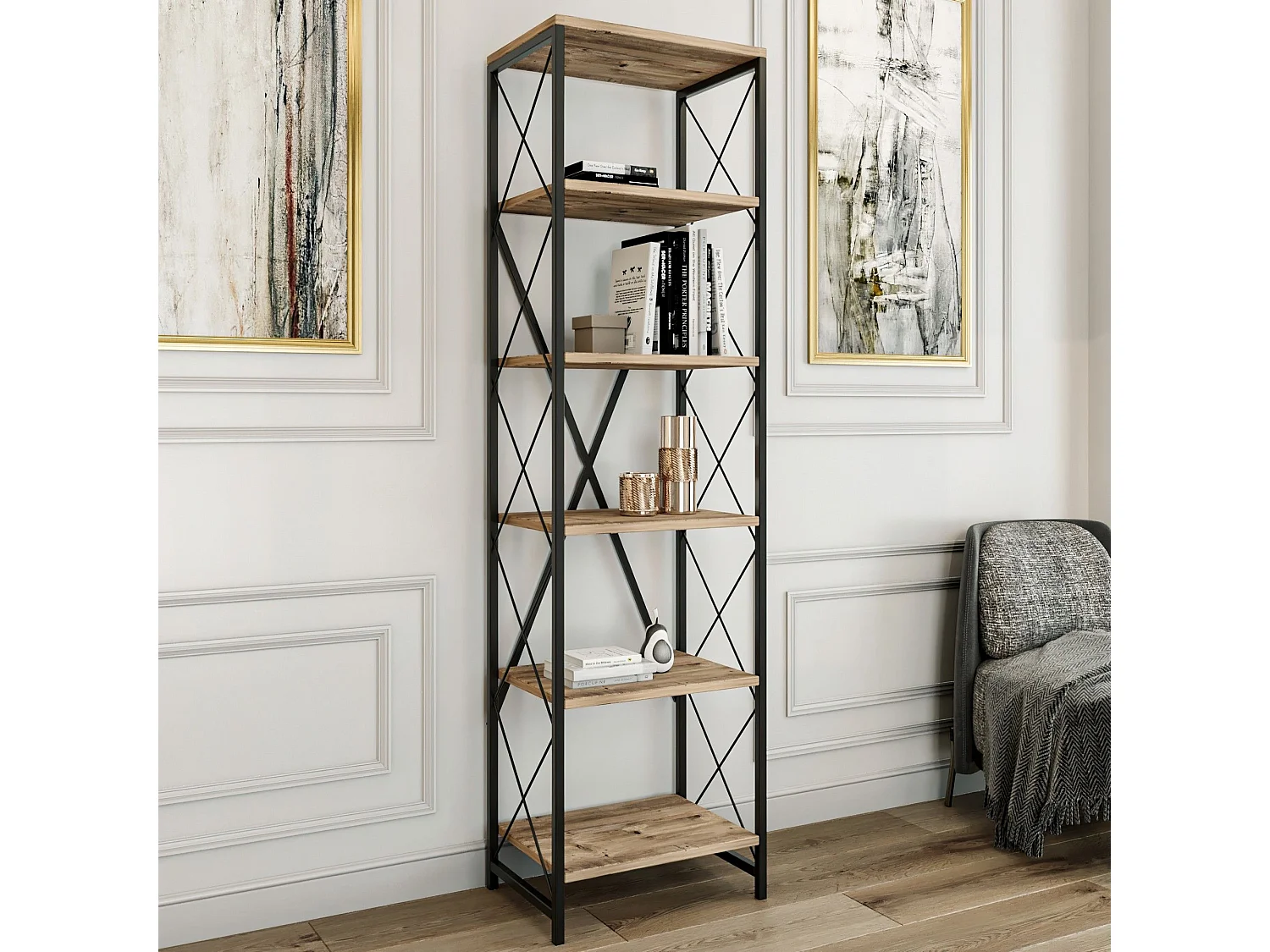 Estantería Kailua 374, Abierta sin pared trasera, Metal|Aglomerado laminado, 180x50x35cm