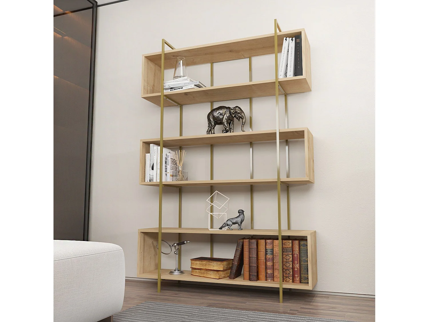 Elegante librería en tablero de partículas revestido en melamina – 120 x 180 x 29,6 cm – Roble y oro