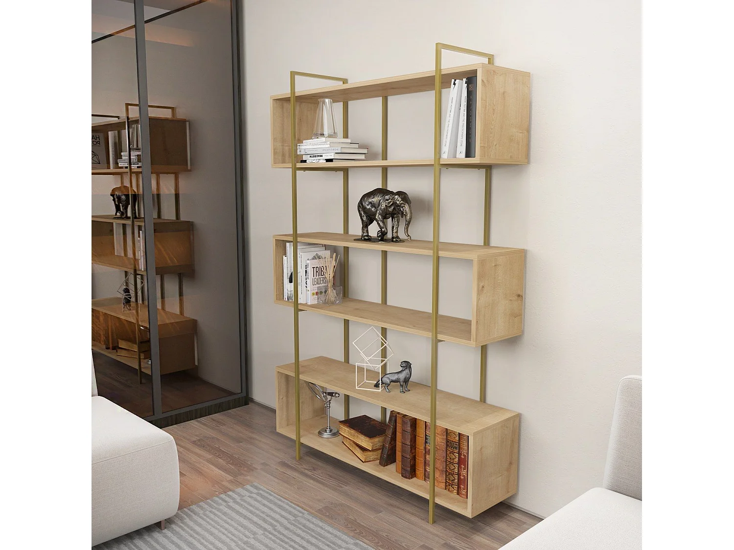 Elegante librería en tablero de partículas revestido en melamina – 120 x 180 x 29,6 cm – Roble y oro