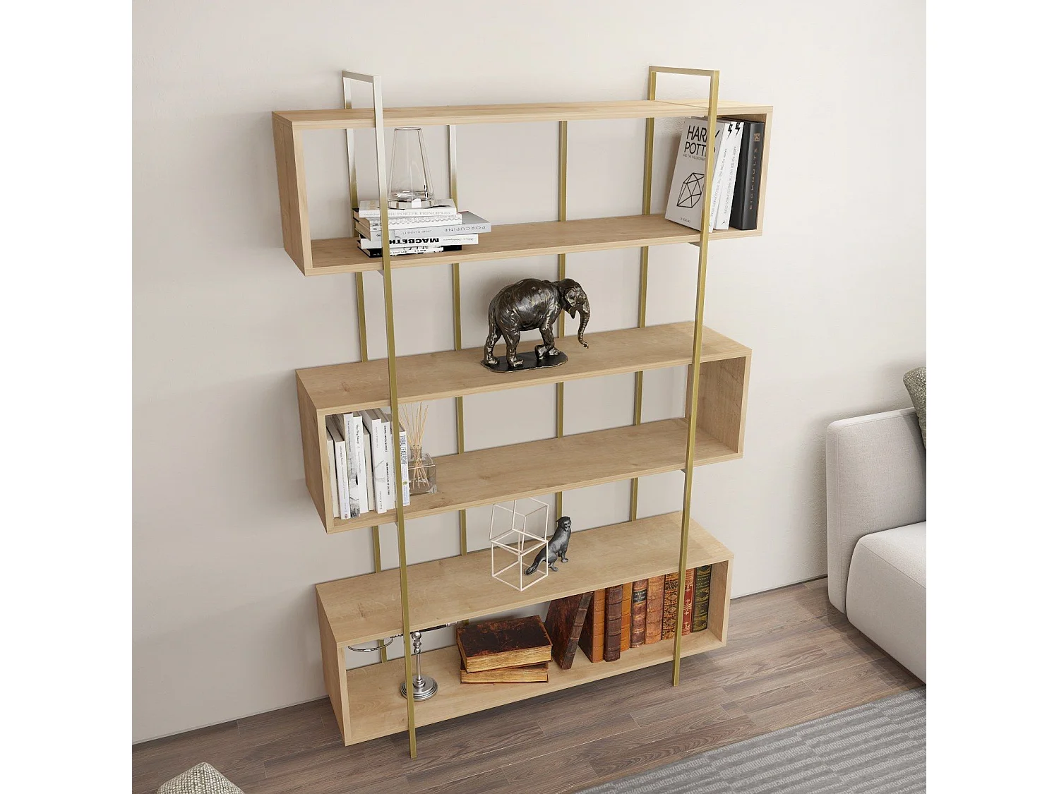 Elegante librería en tablero de partículas revestido en melamina – 120 x 180 x 29,6 cm – Roble y oro