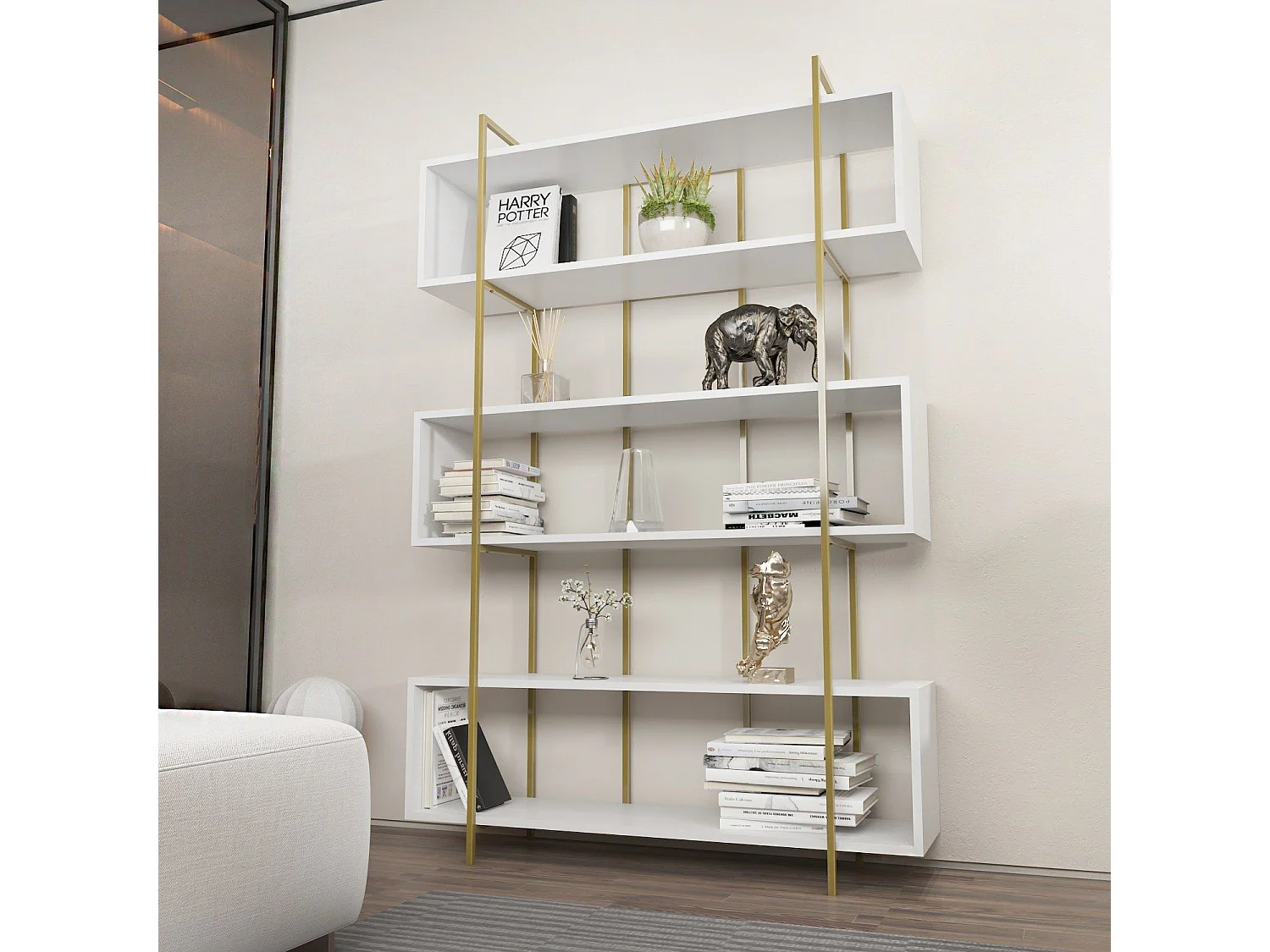 Librería elegante – 120 x 180 x 29,6 cm – Blanco y dorado – Tablero de partículas revestido de melamina