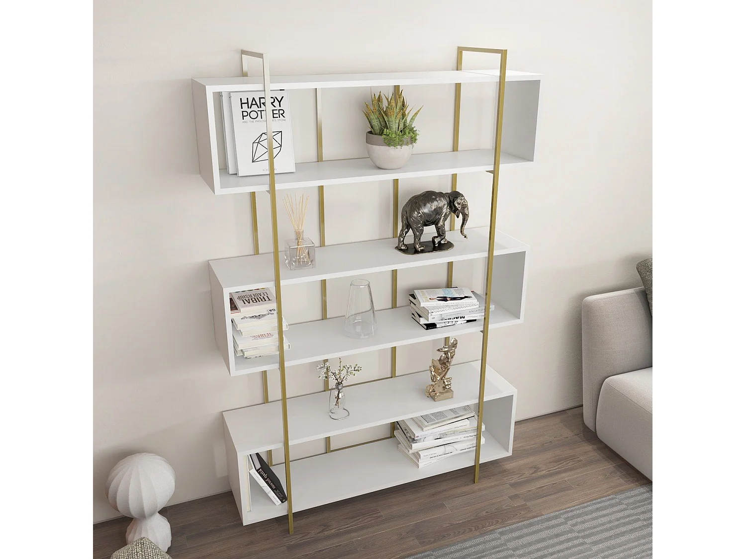 Librería elegante – 120 x 180 x 29,6 cm – Blanco y dorado – Tablero de partículas revestido de melamina