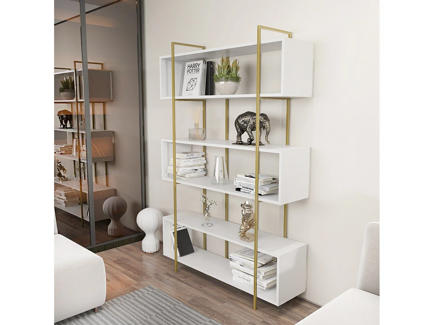 Librería elegante – 120 x 180 x 29,6 cm – Blanco y dorado – Tablero de partículas revestido de melamina